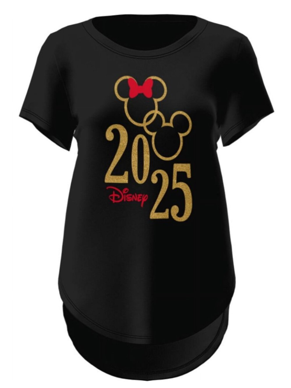 Disney Black Tee with Gold 2025 Minnie Graphic and Red Bow